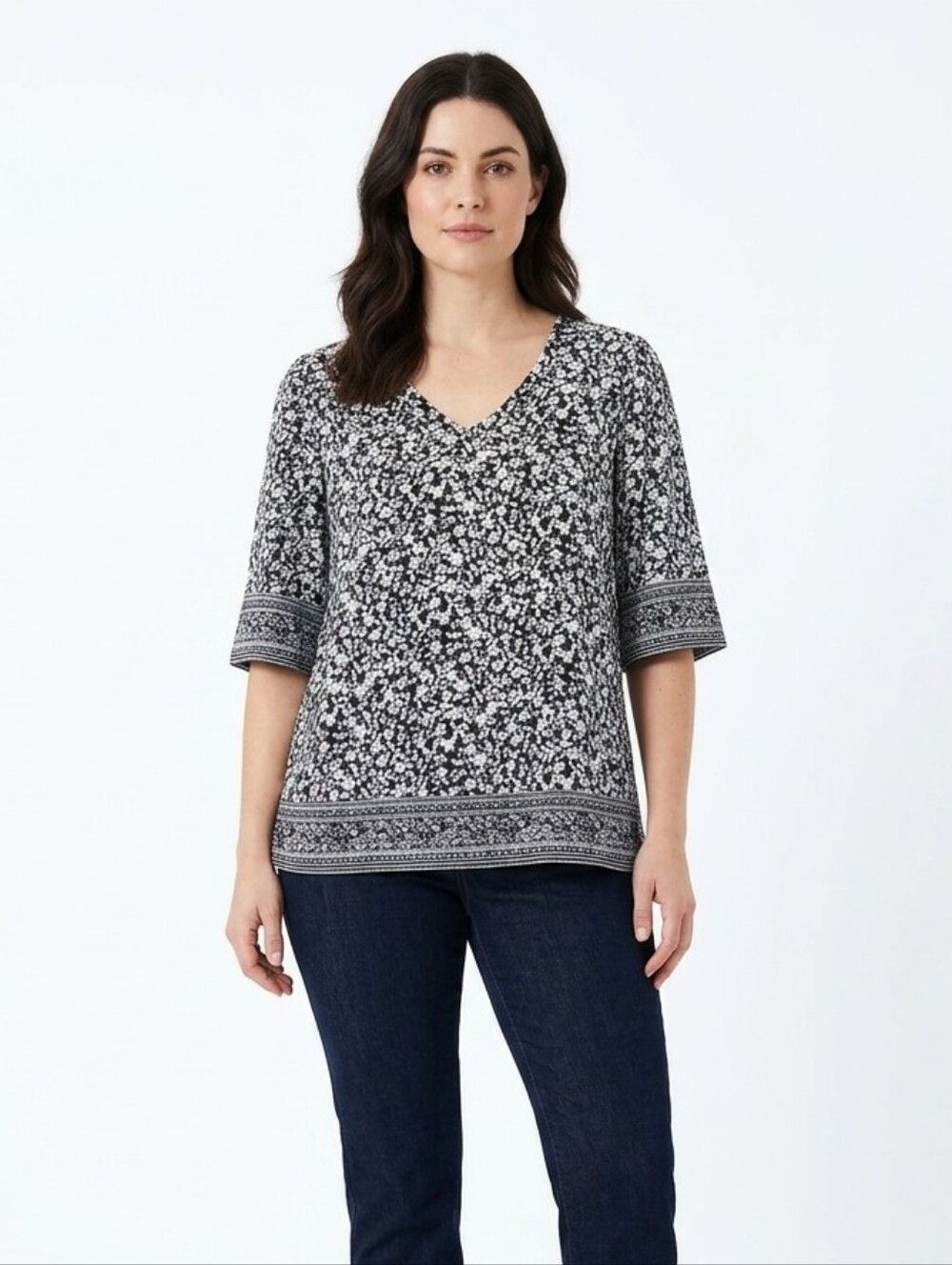 J. Jill XL Tall Black White Floral Tunic Top 100% Cotton V-Neck Boho Cottagecore
